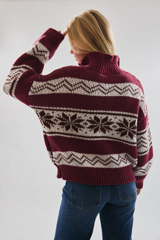 Long Sleeve Collared Zip Up Sweater Jacket - Burgundy - 