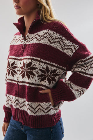 Long Sleeve Collared Zip Up Sweater Jacket - Burgundy - 