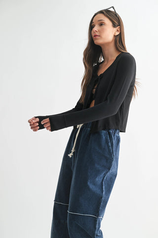Long Sleeve Tie Top - Black - 