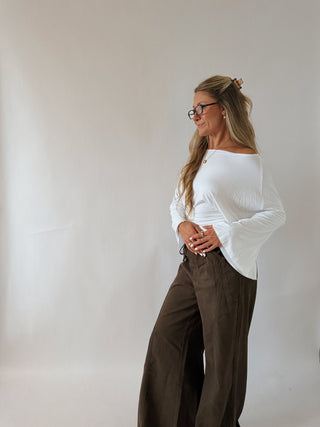 Long Sleeve Tie Top - Ivory -