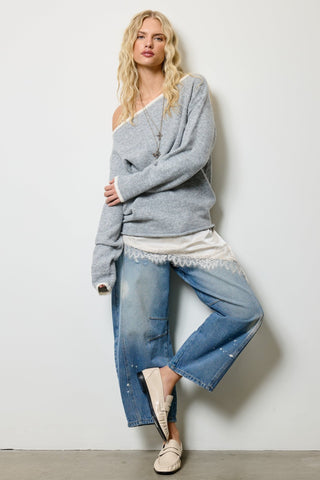 Off Shoulder Knit Sweater - Grey -