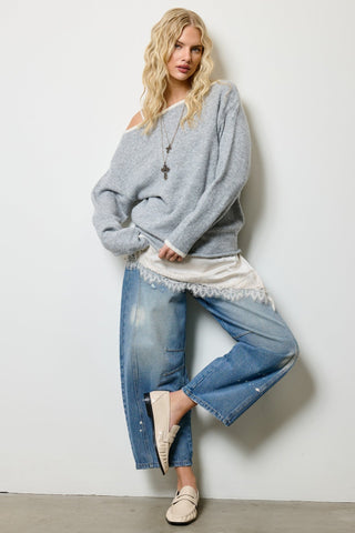 Off Shoulder Knit Sweater - Grey -