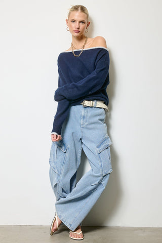 Off Shoulder Knit Sweater - Navy -