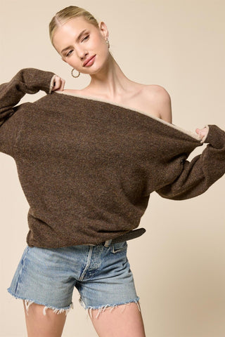 Off Shoulder Knit Sweater - Walnut -