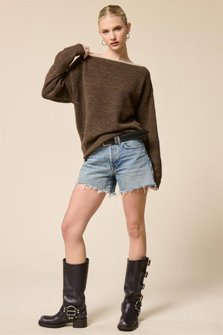 Off Shoulder Knit Sweater - Walnut -