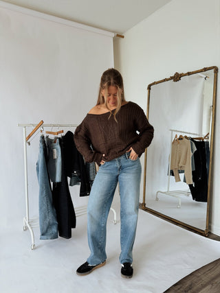 Off Shoulder Oversized Chocolate Sweater - 