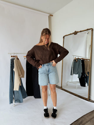 Off Shoulder Oversized Chocolate Sweater - 