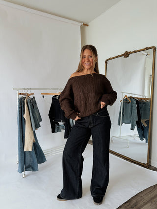 Off Shoulder Oversized Chocolate Sweater - 