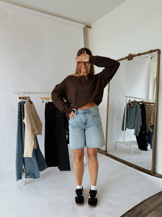 Off Shoulder Oversized Chocolate Sweater - 