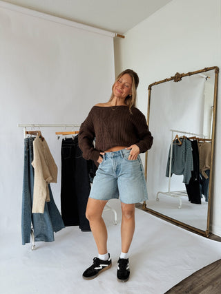 Off Shoulder Oversized Chocolate Sweater - 