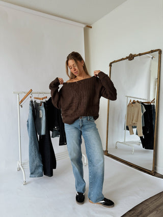 Off Shoulder Oversized Chocolate Sweater - 