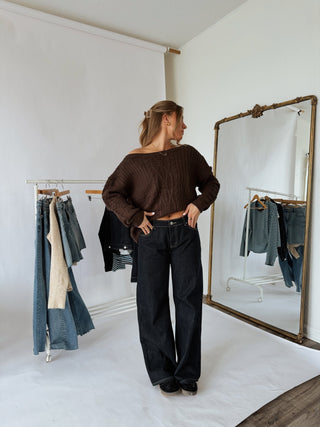 Off Shoulder Oversized Chocolate Sweater - 