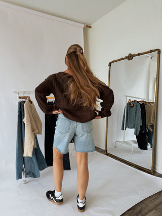 Off Shoulder Oversized Chocolate Sweater - 