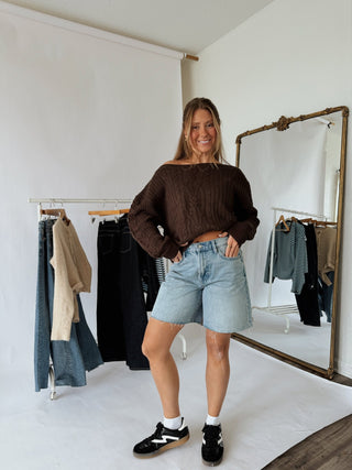 Off Shoulder Oversized Chocolate Sweater - 