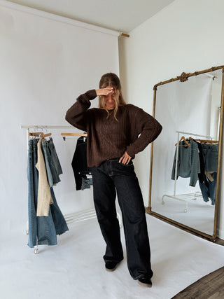 Off Shoulder Oversized Chocolate Sweater - 