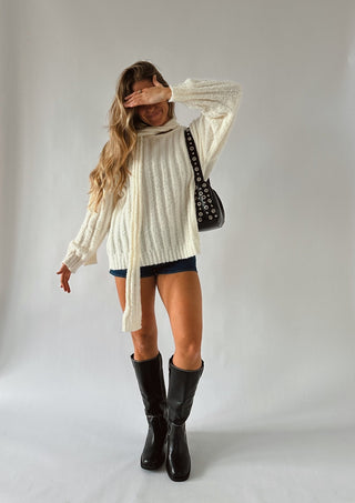 Oversized Cream Scarf Sweater - 