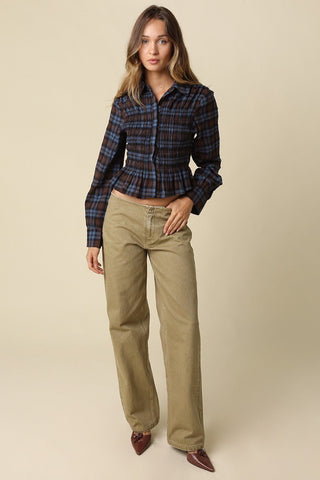 Plaid Flare Button Up Top -