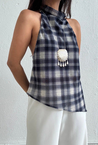 Plaid Open Back High Neck Top -