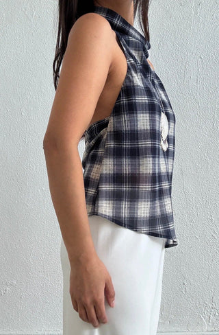 Plaid Open Back High Neck Top -