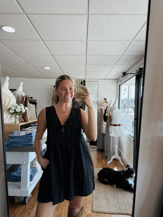 Pleated Denim Romper - Black - 