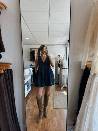 Pleated Denim Romper - Dark Wash - 