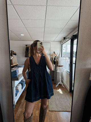 Pleated Denim Romper - Dark Wash - 