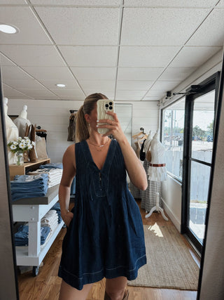 Pleated Denim Romper - Dark Wash - 