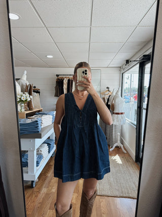 Pleated Denim Romper - Dark Wash - 