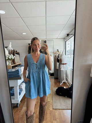 Pleated Denim Romper - Light Wash - 