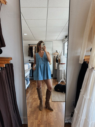Pleated Denim Romper - Light Wash - 