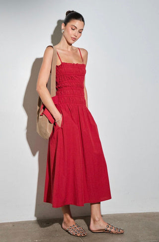 Red Smocked Midi Dress + Bandana - 