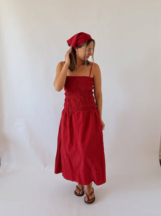 Red Smocked Midi Dress + Bandana - 