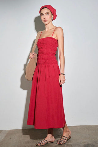 Red Smocked Midi Dress + Bandana - 