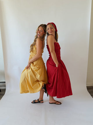 Red Smocked Midi Dress + Bandana - 