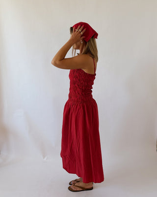Red Smocked Midi Dress + Bandana - 