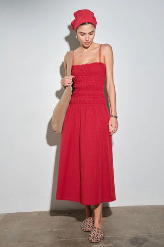 Red Smocked Midi Dress + Bandana - 