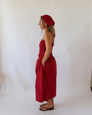 Red Smocked Midi Dress + Bandana - 