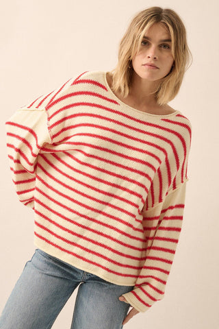 Red Striped Boat Neck Sweater - 