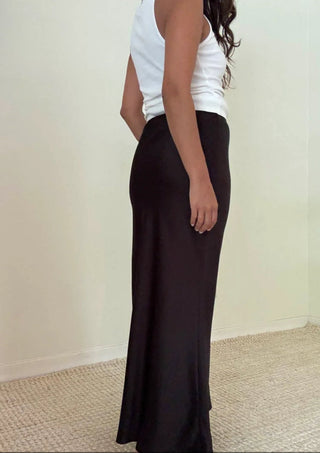 Satin Midi Skirt - Black - 
