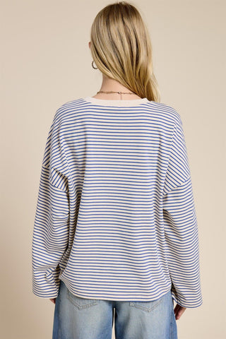 Striped Oversized Long Sleeve Top - Blue - 