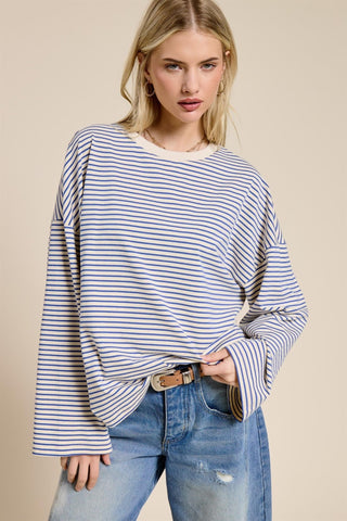 Striped Oversized Long Sleeve Top - Blue - 