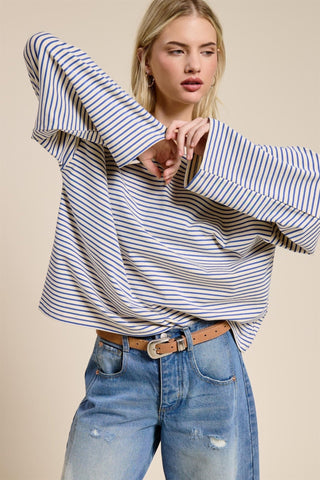 Striped Oversized Long Sleeve Top - Blue - 