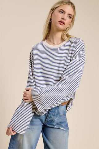 Striped Oversized Long Sleeve Top - Blue - 