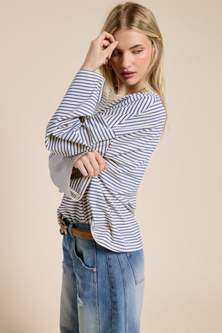 Striped Oversized Long Sleeve Top - Blue - 