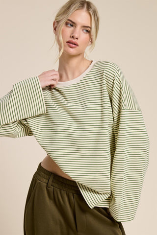 Striped Oversized Long Sleeve Top - Green - 