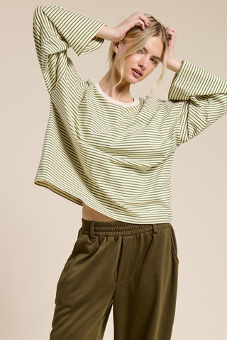 Striped Oversized Long Sleeve Top - Green - 