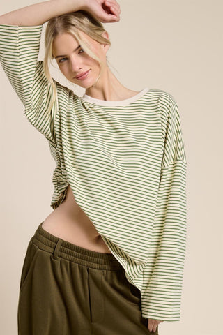 Striped Oversized Long Sleeve Top - Green - 