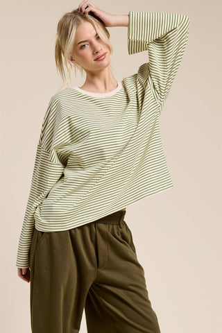 Striped Oversized Long Sleeve Top - Green - 