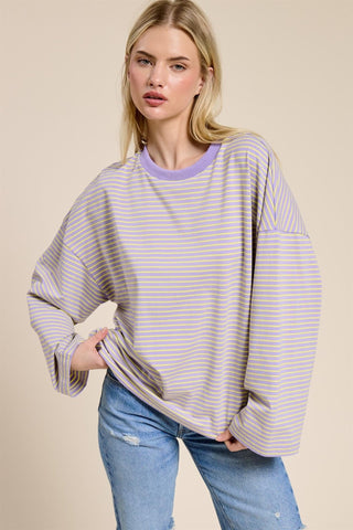 Striped Oversized Long Sleeve Top - Purple - 