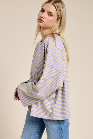 Striped Oversized Long Sleeve Top - Purple - 